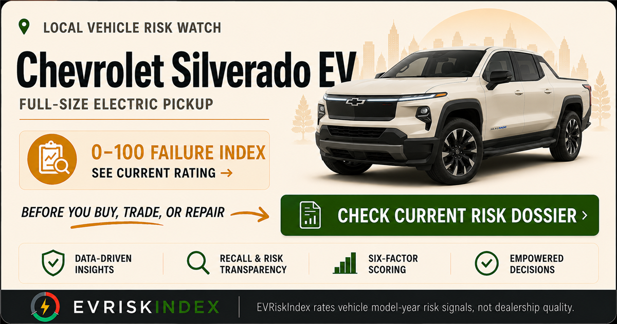 Chevrolet Silverado EV risk rating — 0-100 EV Failure Index by EVRiskIndex